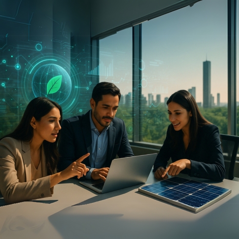 Estrategia sostenible con tecnología Equipo de profesionales latinoamericanos trabajando en estrategias sostenibles con tecnología digital en una oficina moderna.